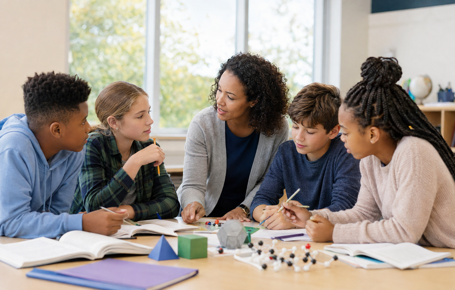 A diverse group of students learning with their teacher